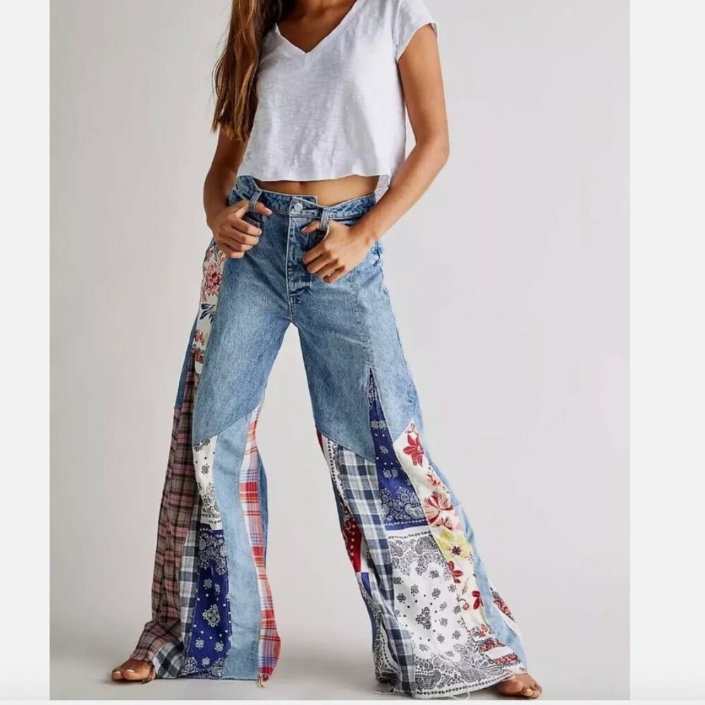 Free People We The Free Patchwork Wide-Leg Women’s Jeans - Light Blue
